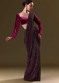 Purple Berry Pre Stitched Sequin Saree With Sweetheart Neck Blouse