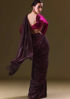 Purple Berry Pre Stitched Sequin Saree With Sweetheart Neck Blouse