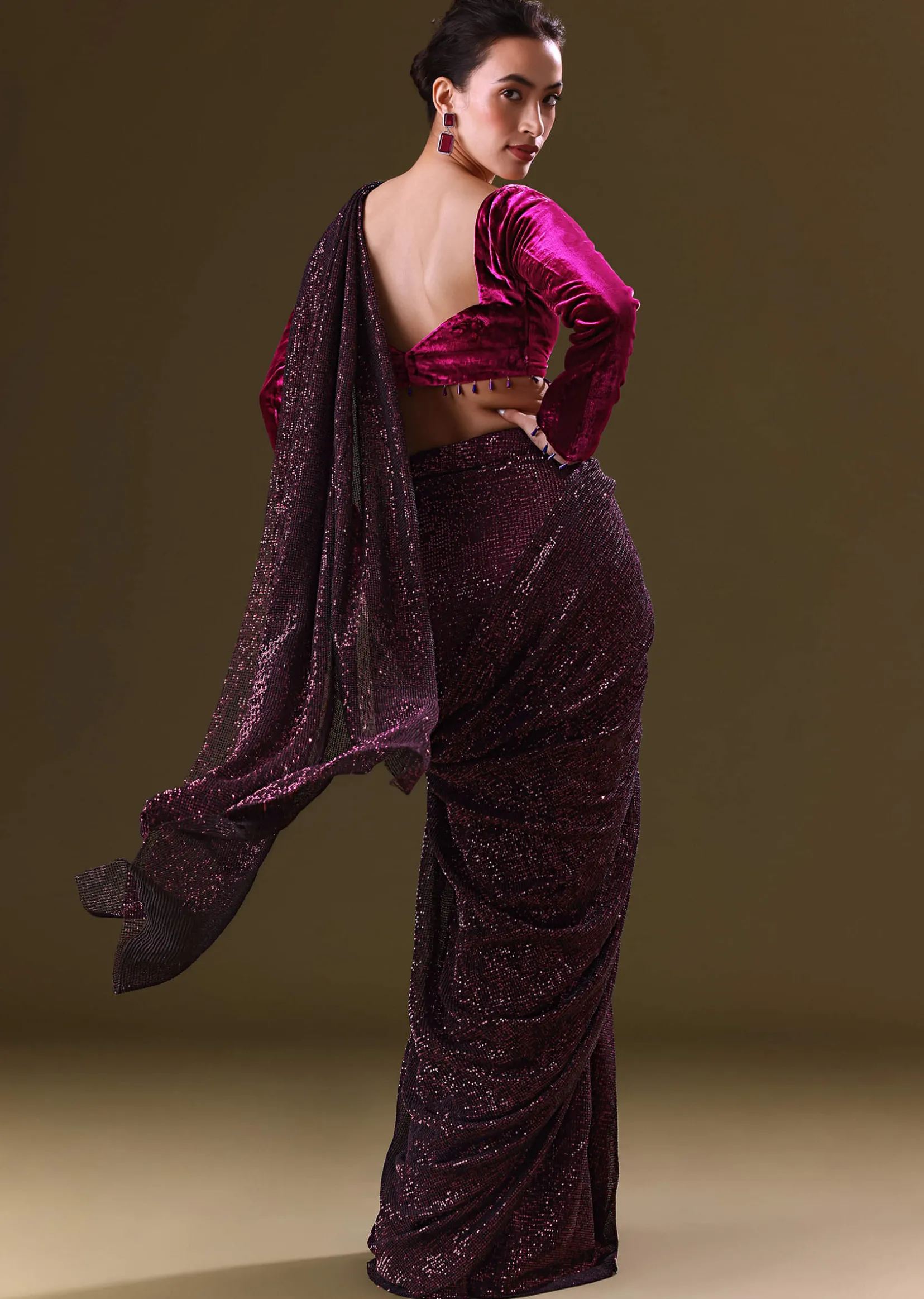 Purple Berry Pre Stitched Sequin Saree With Sweetheart Neck Blouse