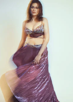 Purple Blouse And Palazzo Set In Lycra With Cutdana Work