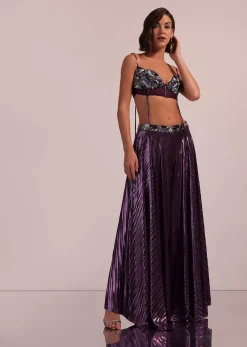 Purple Blouse And Palazzo Set In Lycra With Cutdana Work