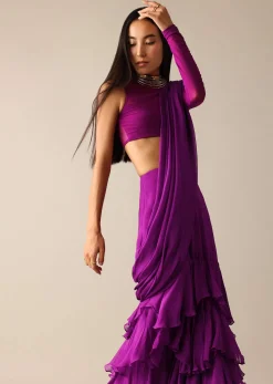 Purple Blouse with Layered Pre Draped Saree