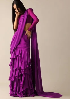 Purple Blouse with Layered Pre Draped Saree