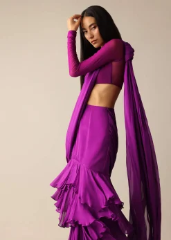 Purple Blouse with Layered Pre Draped Saree
