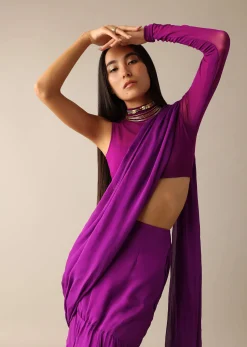 Purple Blouse with Layered Pre Draped Saree