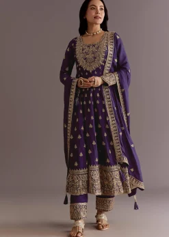Purple Chinon Anarkali Dupatta Suit With Sequin Work