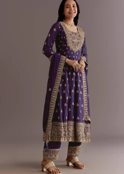 Purple Chinon Anarkali Dupatta Suit With Sequin Work