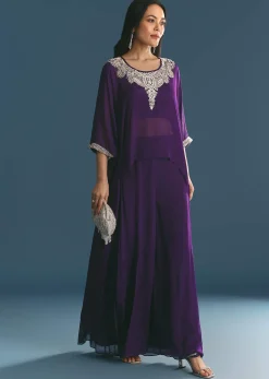 Purple Chinon Embroidered Cape Suit