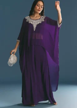 Purple Chinon Embroidered Cape Suit