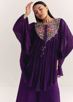 Purple Chinon Kaftan Kurta Set With Zardosi And Thread Work