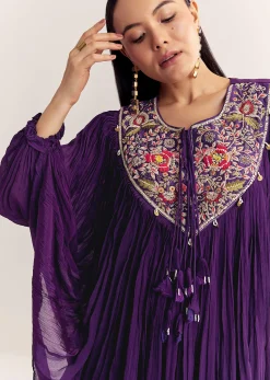 Purple Chinon Kaftan Kurta Set With Zardosi And Thread Work