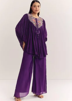 Purple Chinon Kaftan Kurta Set With Zardosi And Thread Work
