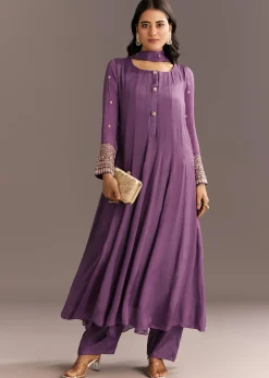 Purple Chinon Kurta With Zardosi Sleeves And Butti Dupatta