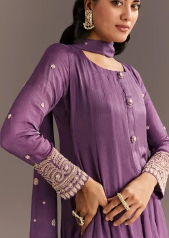 Purple Chinon Kurta With Zardosi Sleeves And Butti Dupatta