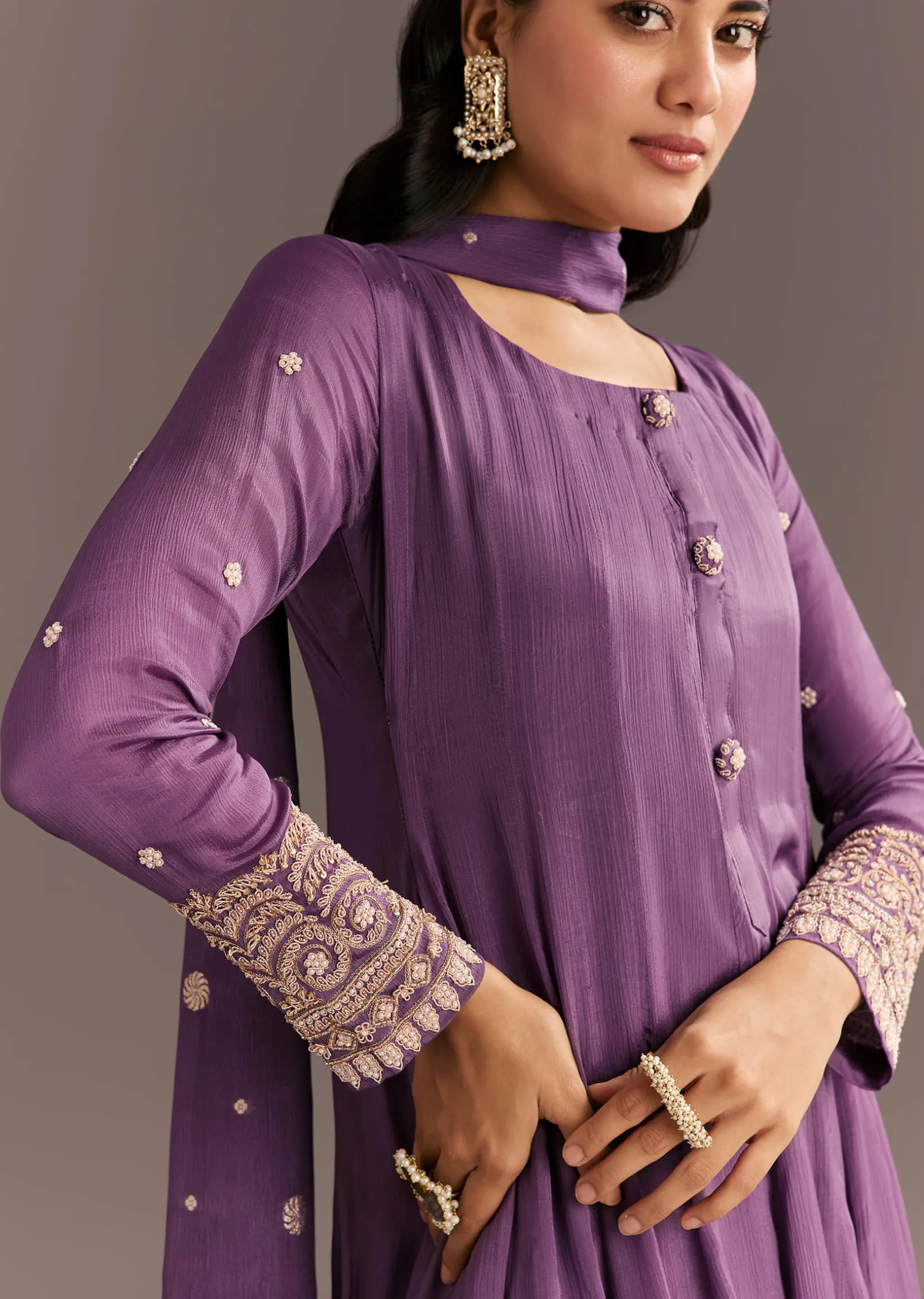 Purple Chinon Kurta With Zardosi Sleeves And Butti Dupatta