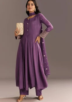 Purple Chinon Kurta With Zardosi Sleeves And Butti Dupatta