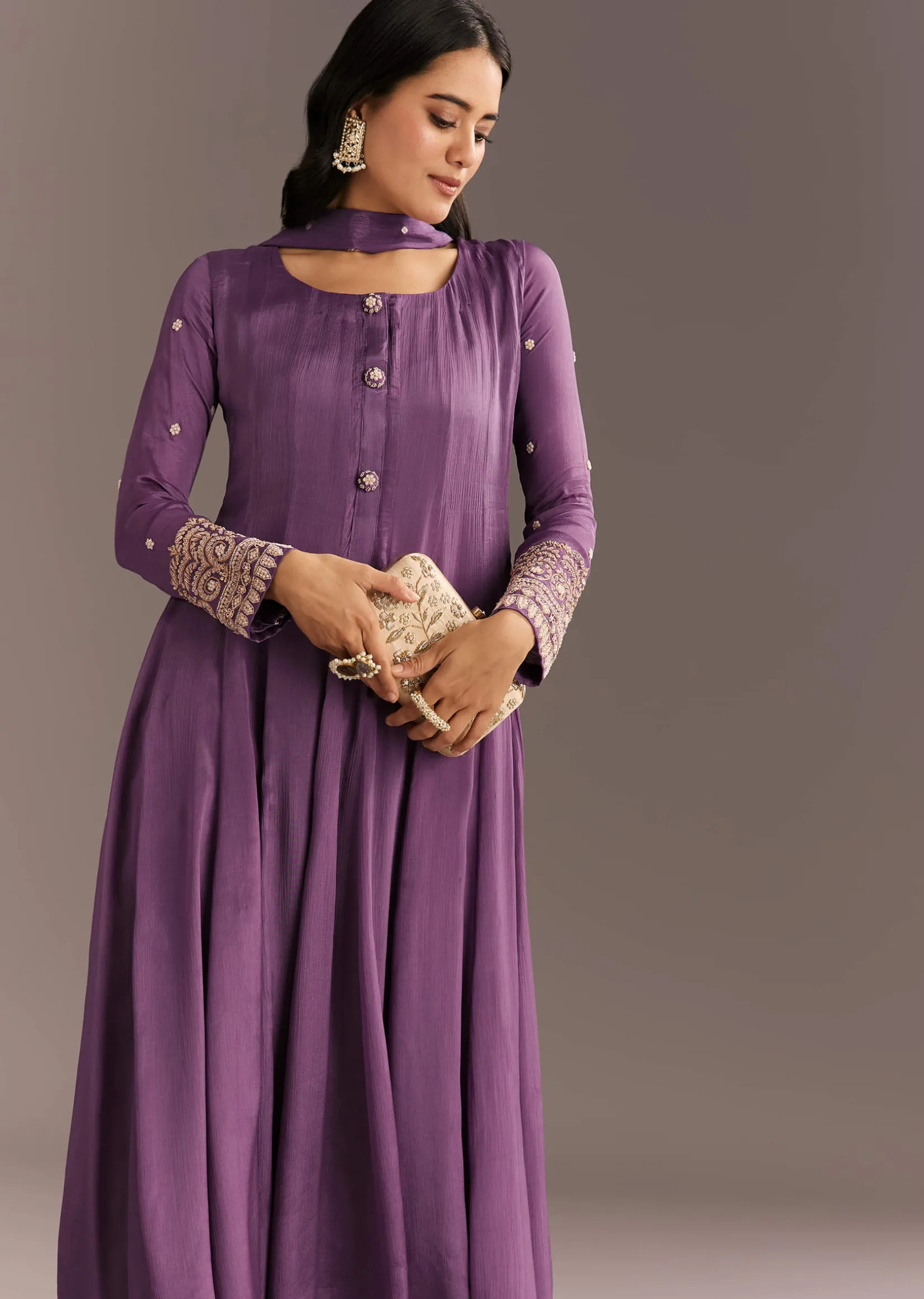 Purple Chinon Kurta With Zardosi Sleeves And Butti Dupatta