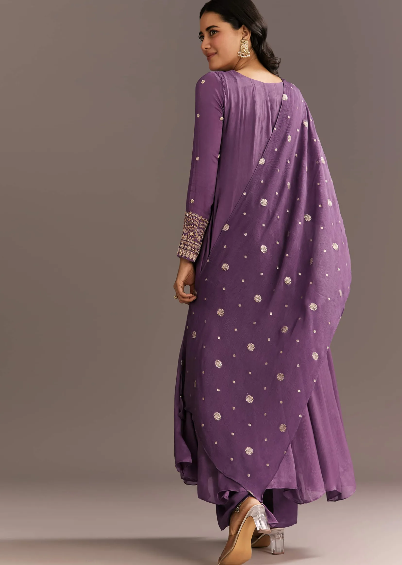 Purple Chinon Kurta With Zardosi Sleeves And Butti Dupatta
