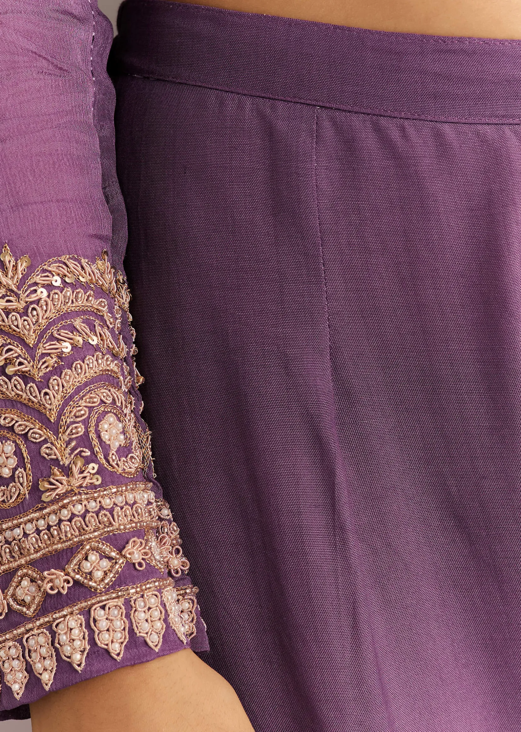 Purple Chinon Kurta With Zardosi Sleeves And Butti Dupatta