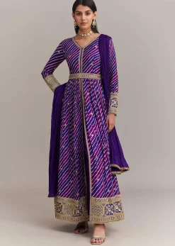 Purple Chinon Leheriya Embroidered Anarkali Set