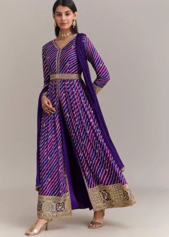Purple Chinon Leheriya Embroidered Anarkali Set