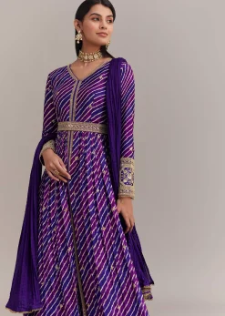 Purple Chinon Leheriya Embroidered Anarkali Set