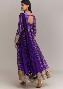 Purple Chinon Leheriya Embroidered Anarkali Set