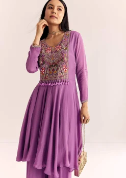 Purple Chinon Zardosi Kurta Palazzo Suit