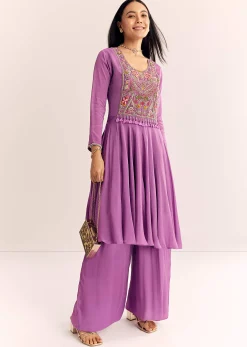 Purple Chinon Zardosi Kurta Palazzo Suit