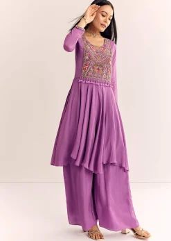 Purple Chinon Zardosi Kurta Palazzo Suit
