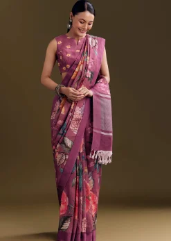 Purple Cotton Linen Saree With Faded Florals