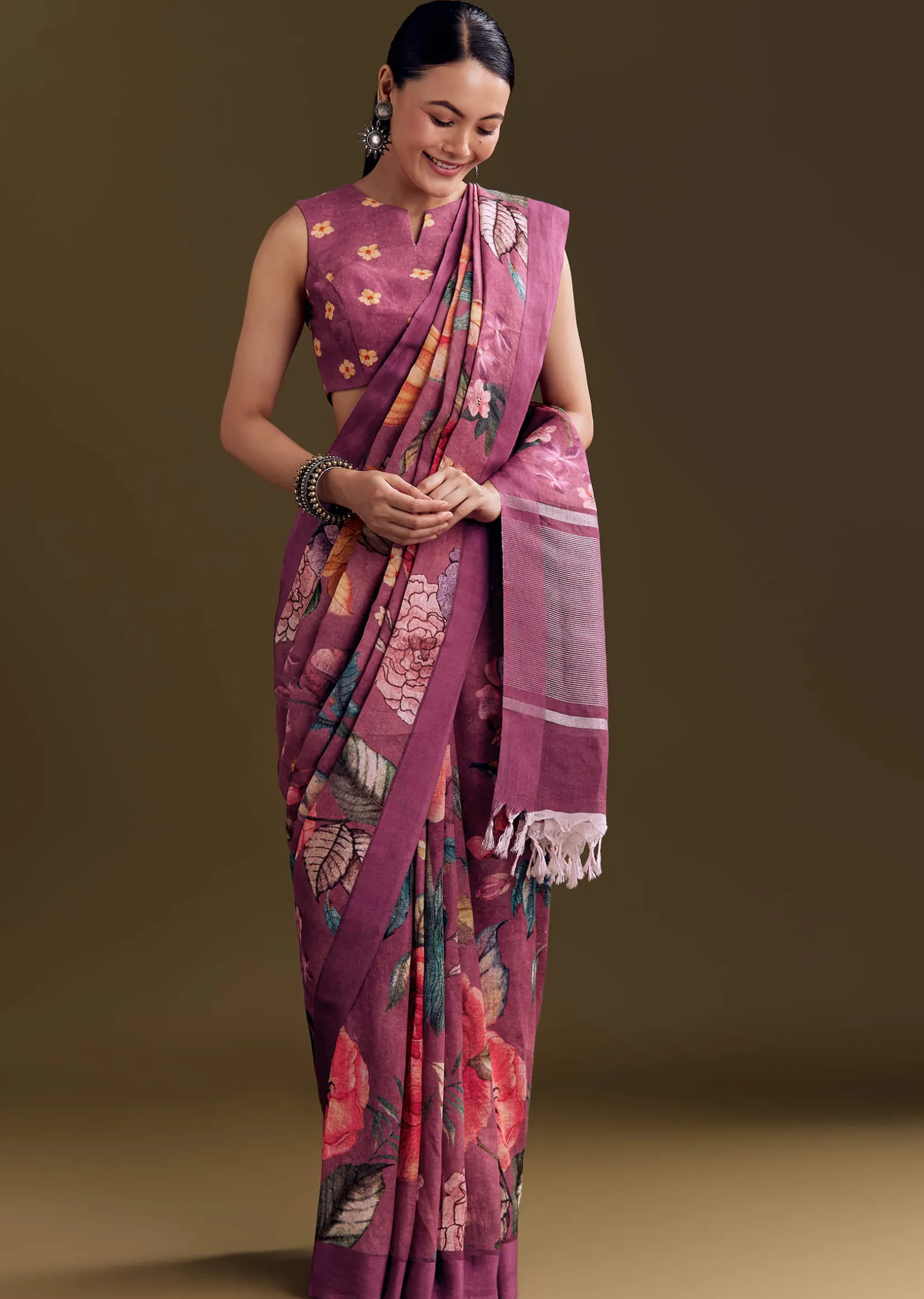 Purple Cotton Linen Saree With Faded Florals