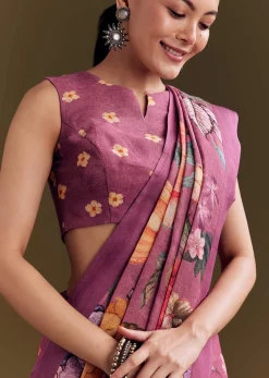 Purple Cotton Linen Saree With Faded Florals