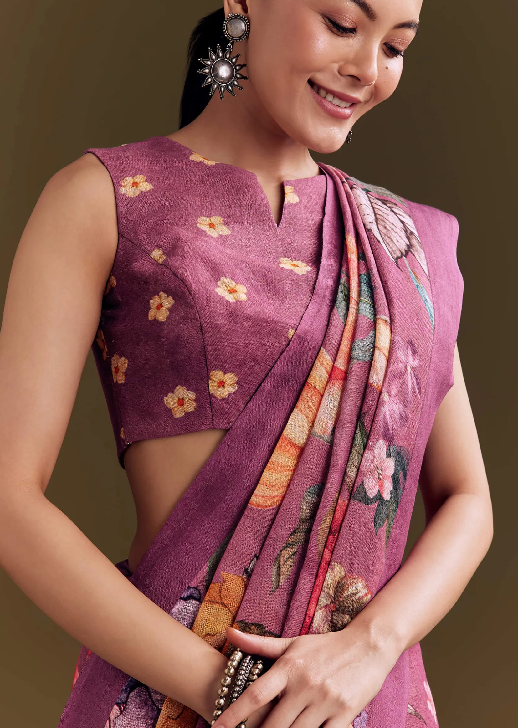Purple Cotton Linen Saree With Faded Florals