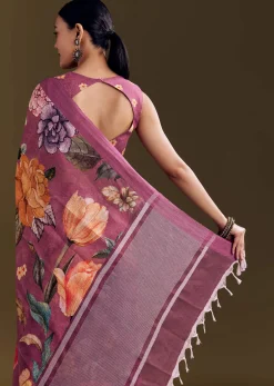 Purple Cotton Linen Saree With Faded Florals