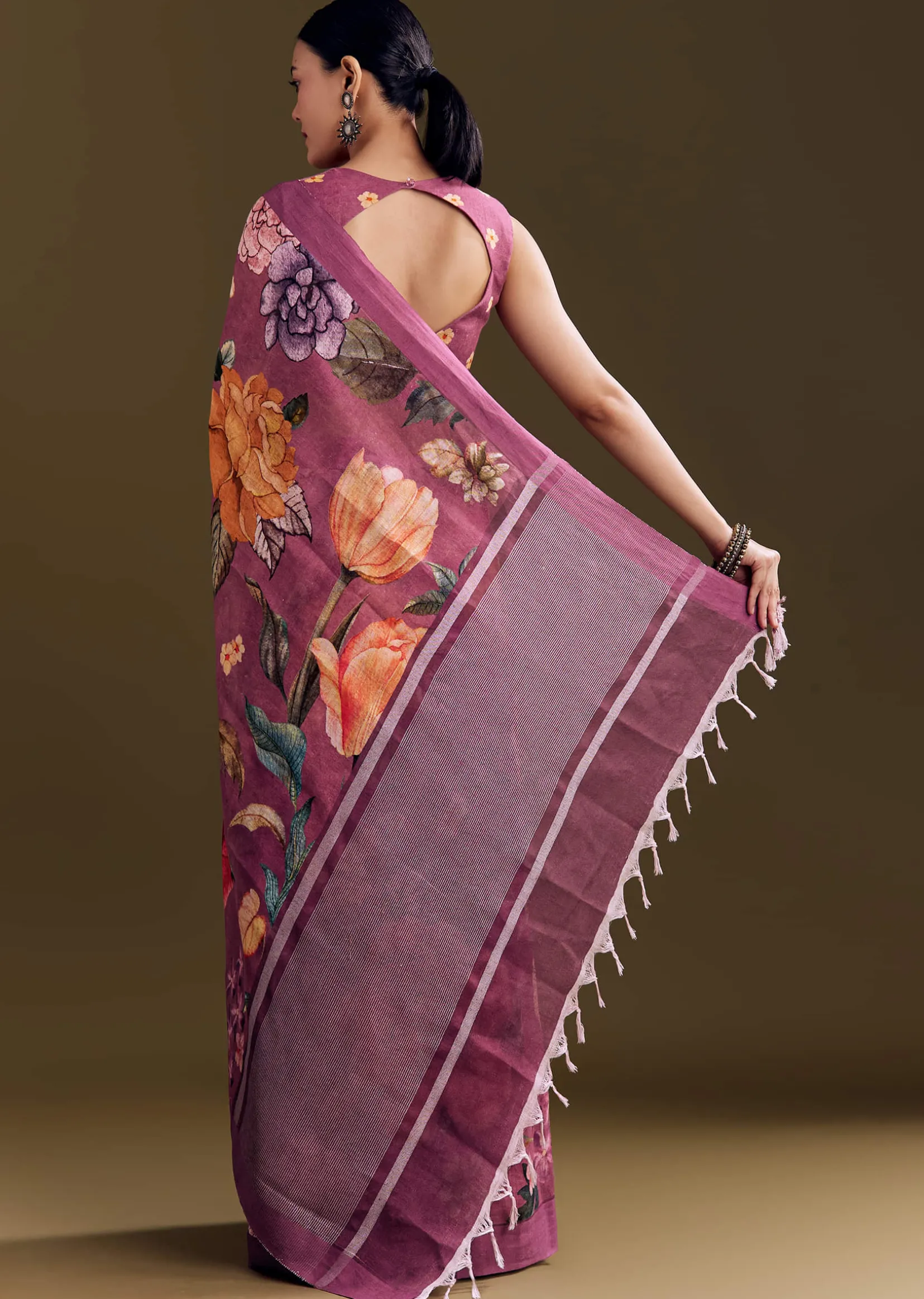 Purple Cotton Linen Saree With Faded Florals