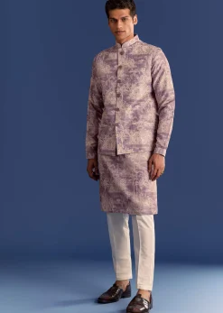 Purple Cotton Silk Kurta Jacket Set With Print