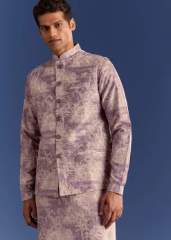 Purple Cotton Silk Kurta Jacket Set With Print