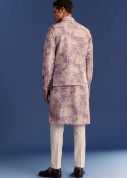 Purple Cotton Silk Kurta Jacket Set With Print