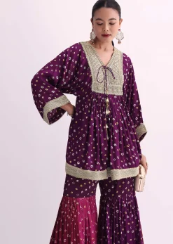 Purple Crepe Bandhani Print Sharara Set