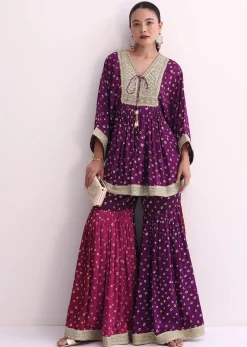 Purple Crepe Bandhani Print Sharara Set