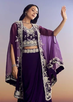 Purple Crepe Crop Top Skirt Set With Embroidered Cape