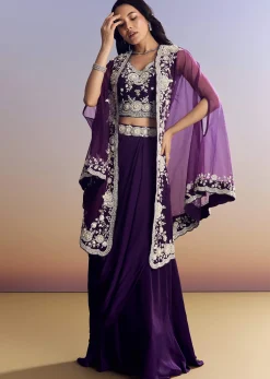 Purple Crepe Crop Top Skirt Set With Embroidered Cape