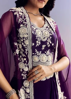 Purple Crepe Crop Top Skirt Set With Embroidered Cape