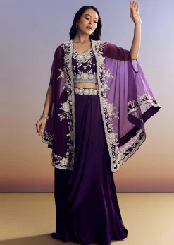 Purple Crepe Crop Top Skirt Set With Embroidered Cape