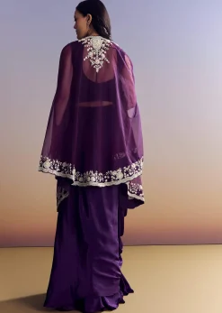Purple Crepe Crop Top Skirt Set With Embroidered Cape