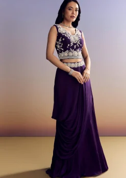 Purple Crepe Crop Top Skirt Set With Embroidered Cape