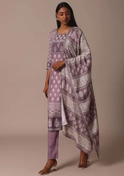 Purple Crepe Printed Kurti Pant Set With Cutdana Detail