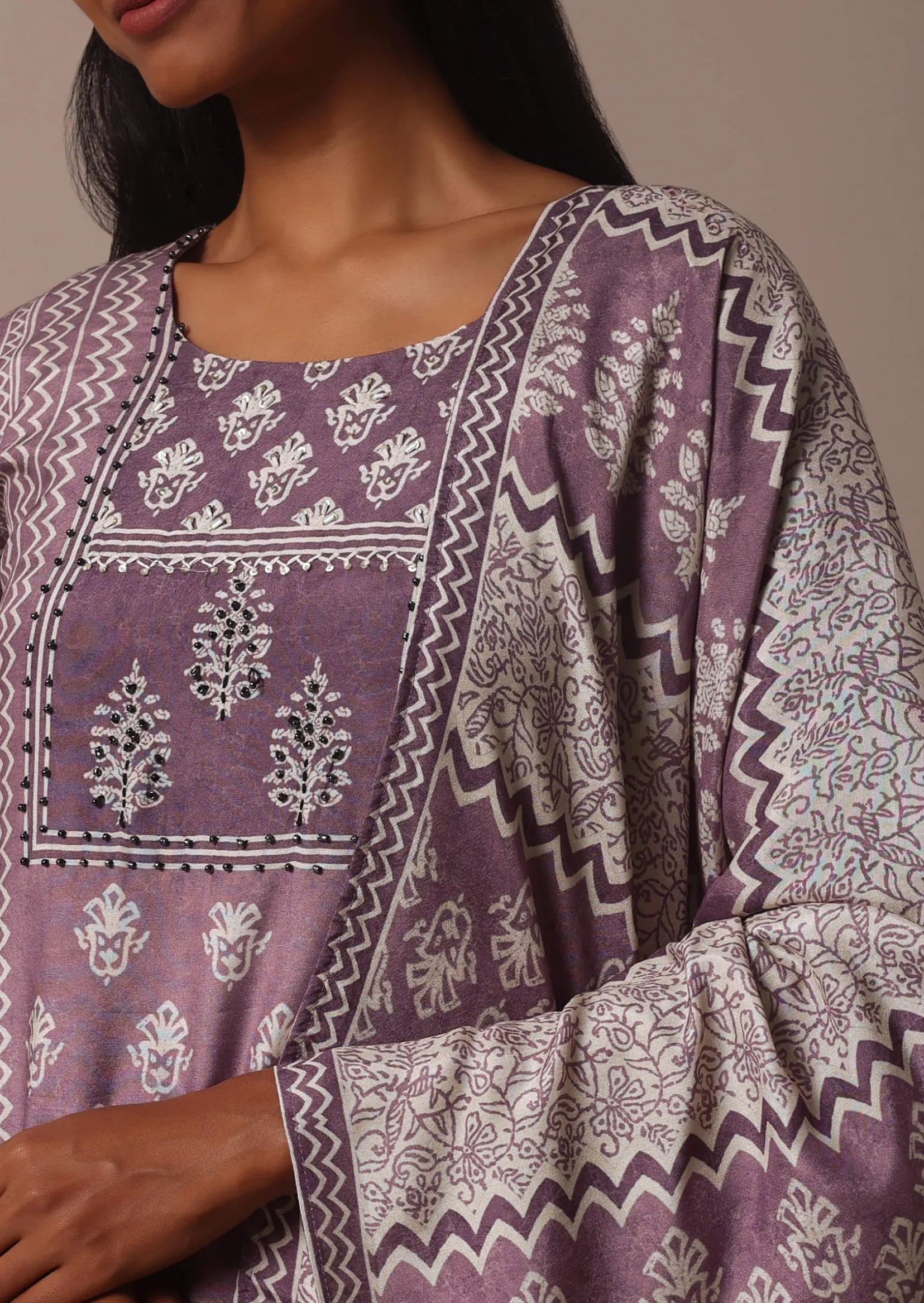 Purple Crepe Printed Kurti Pant Set With Cutdana Detail
