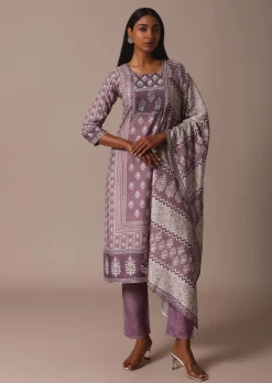 Purple Crepe Printed Kurti Pant Set With Cutdana Detail